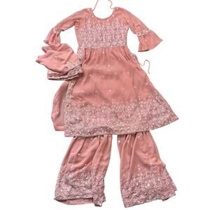 SOLD… Girls Peach/Pink Embroidered Kurta Sharara Suit, Size 32